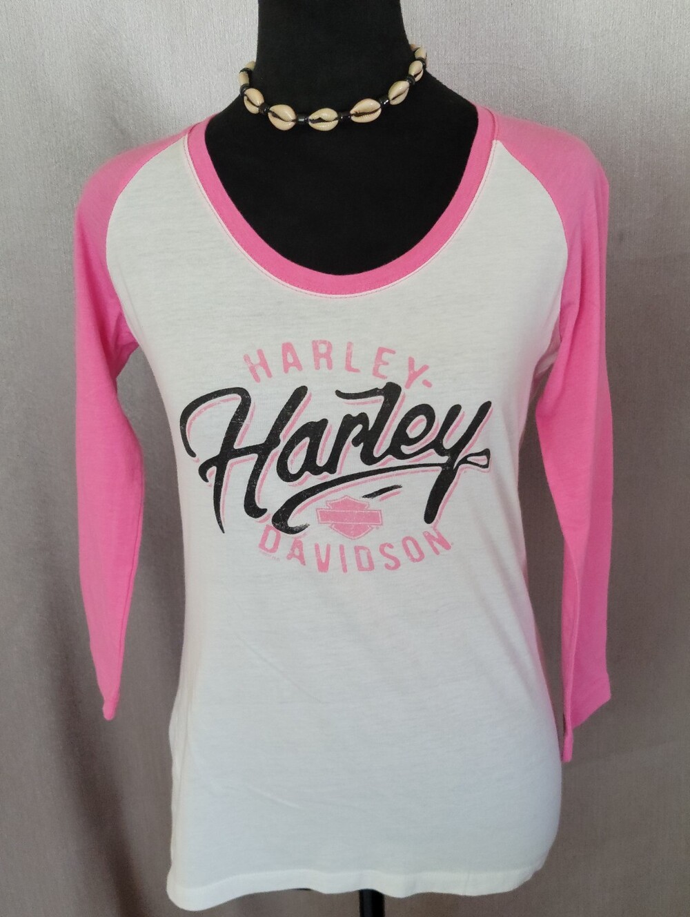 Harley-Davidson White Tee with Pink Raglan Sleeves and Logo